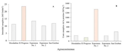 Indicadores energéticos en los agroecistemas. A) Intensidad energética; B) costo energético de la proteína