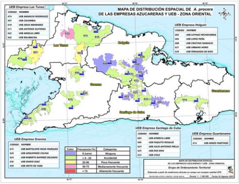 Distribución de Albizia procera en las empresas azucareras en la región Oriental