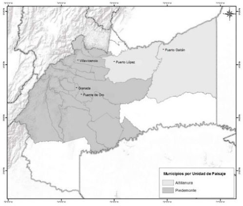 Localización de los municipios encuestados en el Piedemonte y la Altillanura, del departamento del Meta, Colombia.